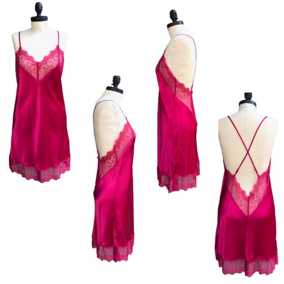 NWOT New 100% Silk Pink Red Lace Criss Cross Chemise Negligee Full Slip Dress M - Picture 4 of 17